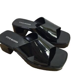 Steve Madden Womens Patent Platform Mule Sandals Block Heel Black US 7M